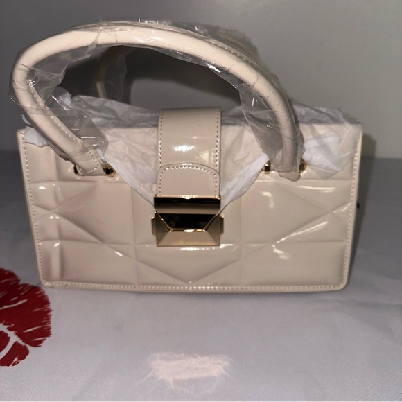 Ivory Faux Patent Leather Convertible Top Handle Swing Bag - Picture 7 of 12